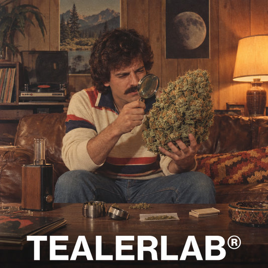 Personne examinant une fleur de CBD géante dans un salon rétro 80s - comment consommer