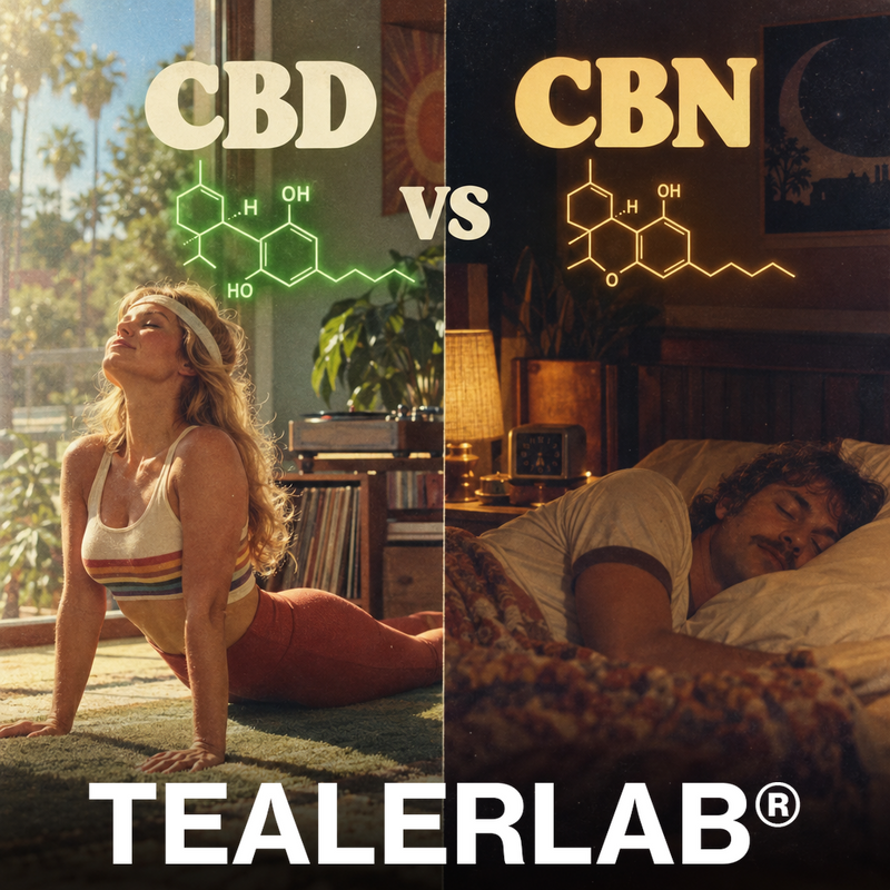 Scène jour-nuit rétro comparant CBD actif et CBN sommeil - différence cannabinoïdes