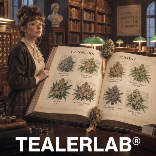 Bibliothécaire rétro consultant une encyclopédie géante des noms de beuh - lexique cannabis