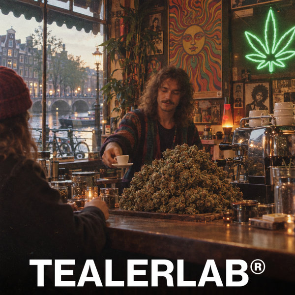 Coffee shop vintage d'Amsterdam avec bud géant au comptoir - loi cannabis Pays-Bas