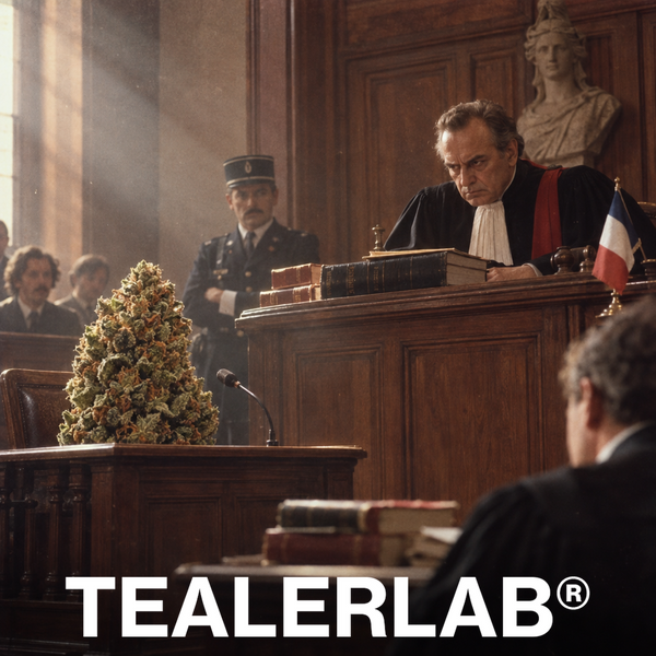 Tribunal français rétro avec bud CBD géant au banc des accusés - loi cannabis France