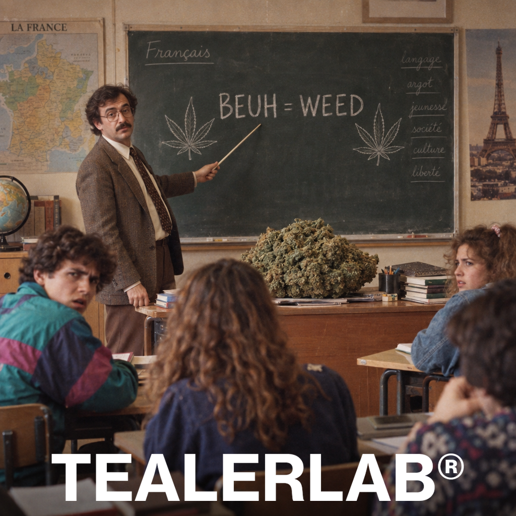 Cours de français rétro expliquant beuh vs weed au tableau - même chose ou pas
