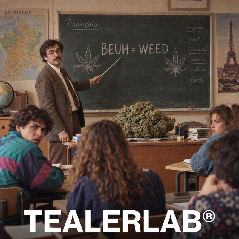 Cours de français rétro expliquant beuh vs weed au tableau - même chose ou pas