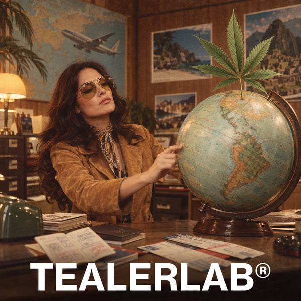 Voyageuse rétro faisant tourner un globe terrestre surmonté d'une feuille de chanvre géante, carte du CBD légal