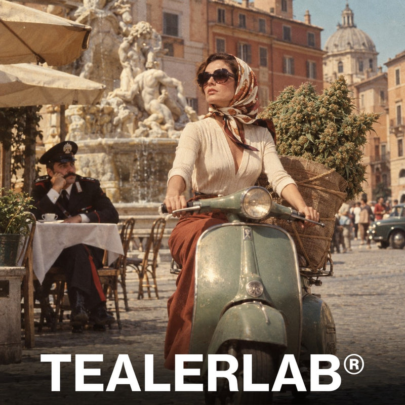 Femme sur un scooter vintage dans une piazza romaine avec une fleur de chanvre géante, illustration de la loi CBD en Italie
