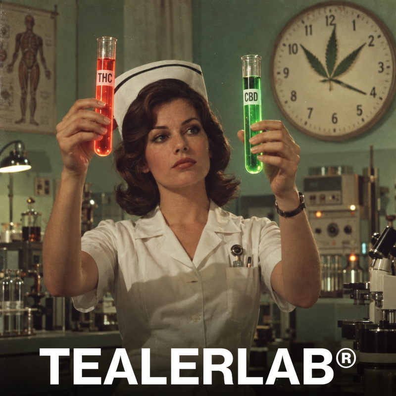 Infirmière rétro 70s avec tubes THC et CBD et horloge cannabis - durée dans le sang