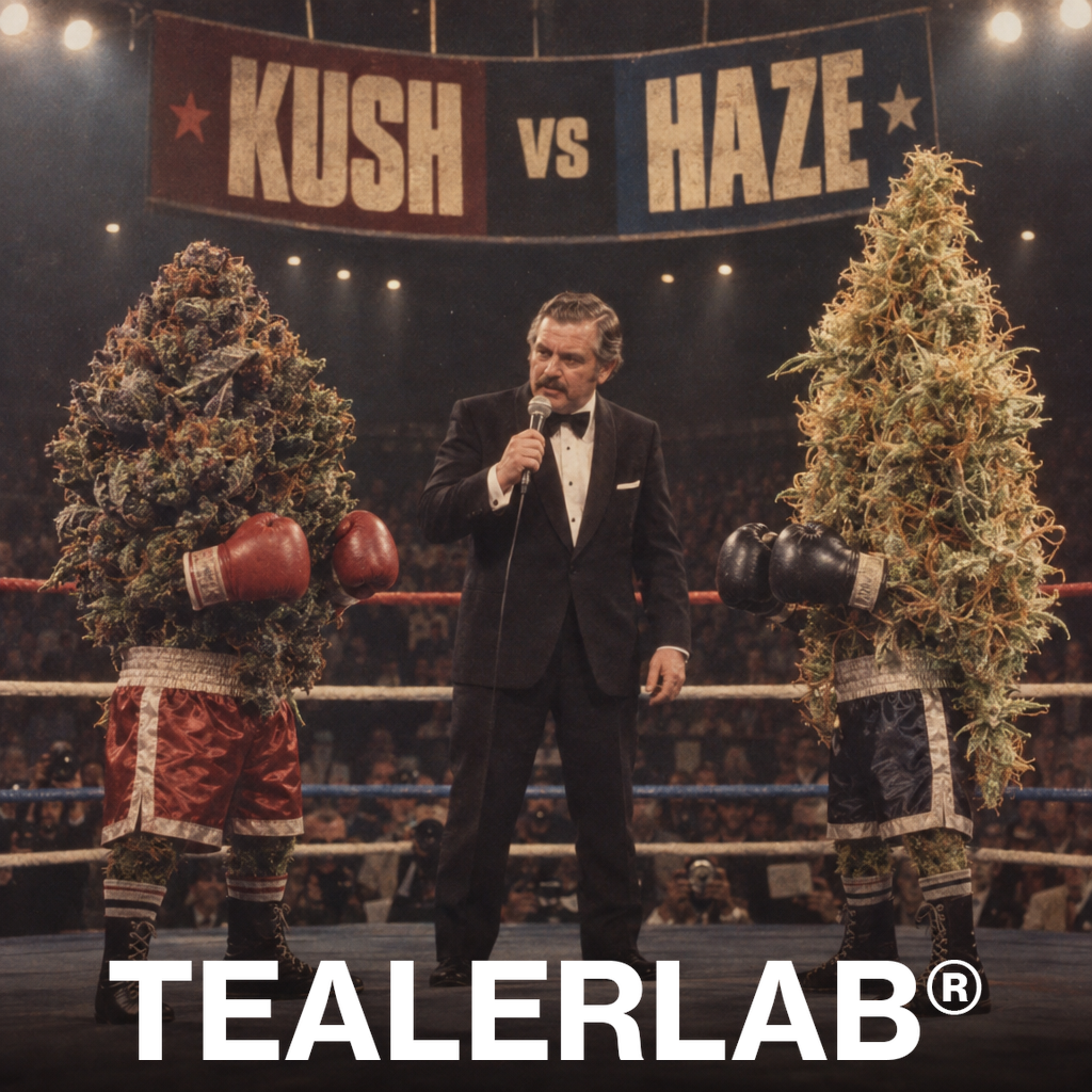 Combat de boxe rétro entre buds Kush et Haze dans un ring vintage - origines et effets