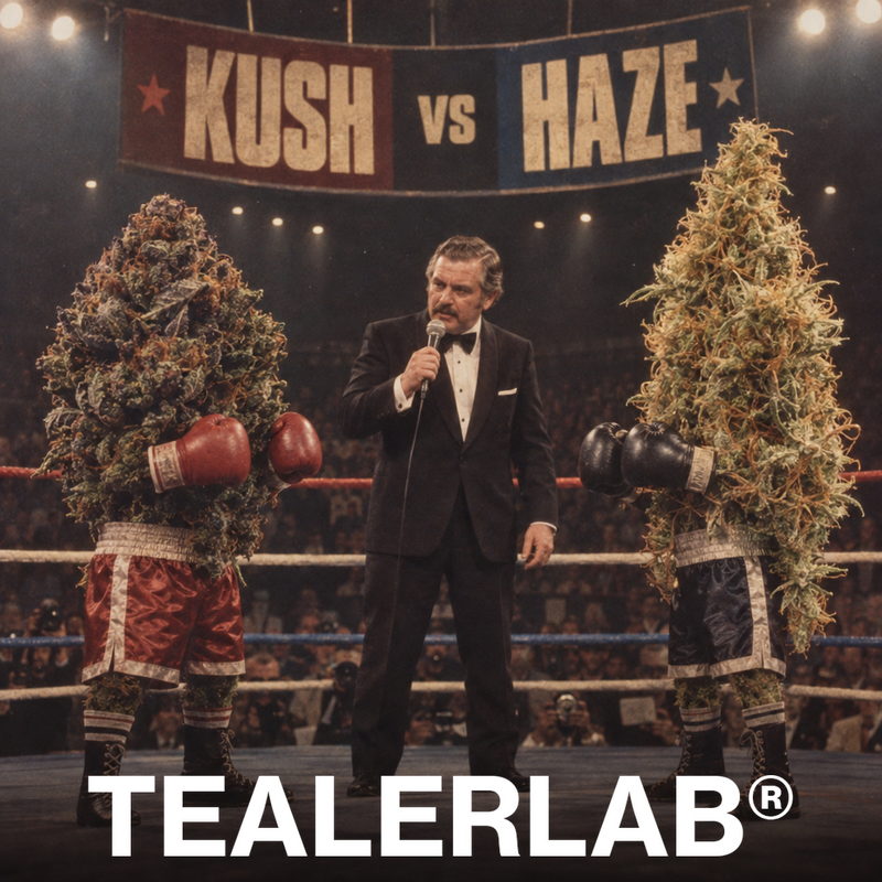 Combat de boxe rétro entre buds Kush et Haze dans un ring vintage - origines et effets