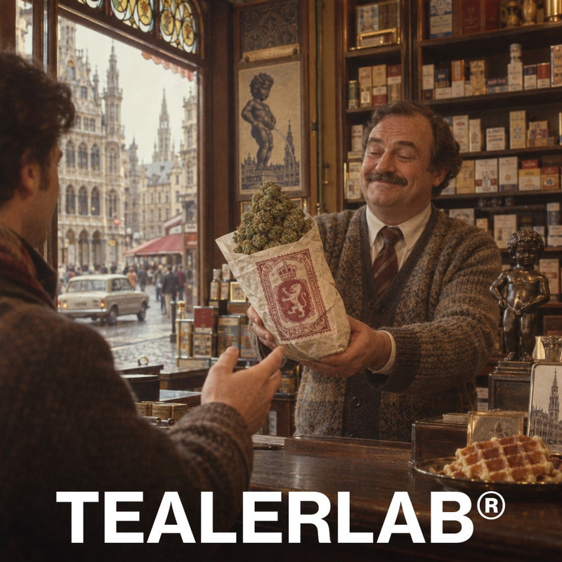 Buraliste bruxellois des années 70 tendant une fleur de CBD géante avec vignette fiscale, illustration de la loi belge
