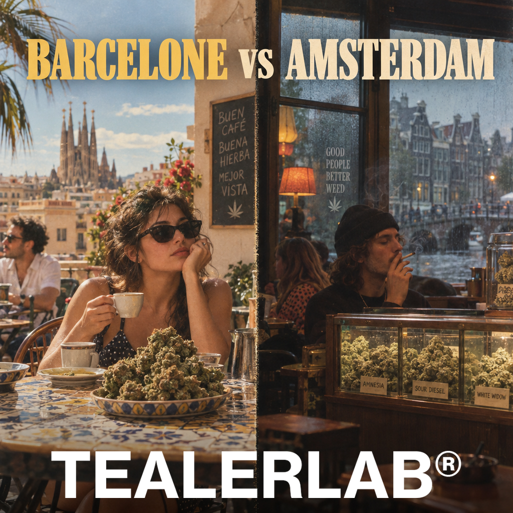 Coffee shops rétro de Barcelone et Amsterdam avec cannabis géant - comparaison