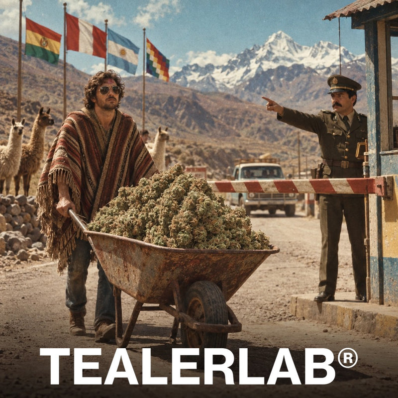 Voyageur poussant une fleur de cannabis géante dans une brouette vers une frontière andine fermée