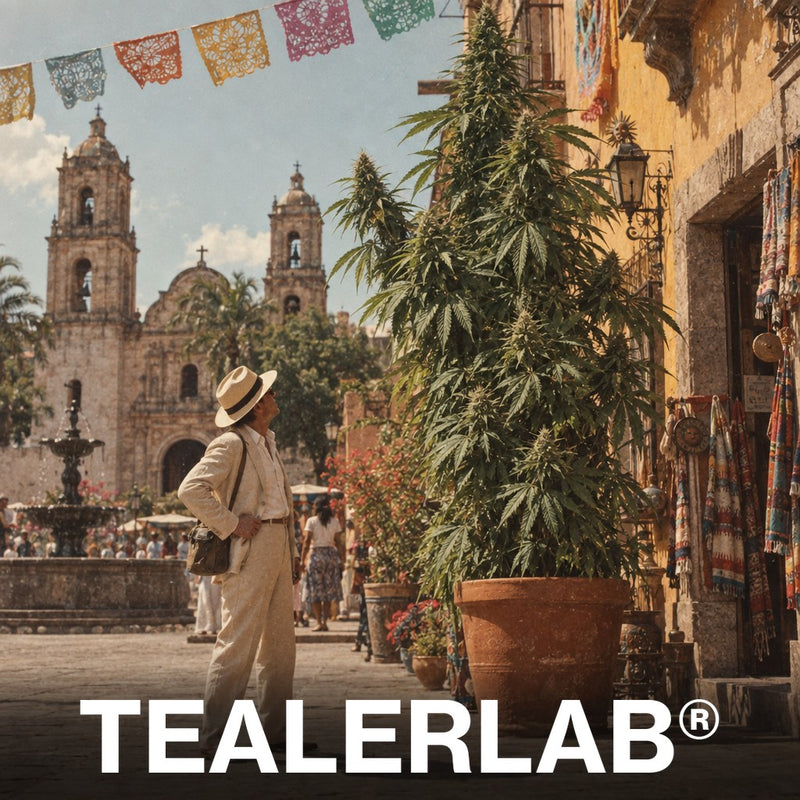 Touriste au chapeau de paille devant une plante de cannabis géante sur une place mexicaine, loi au Mexique