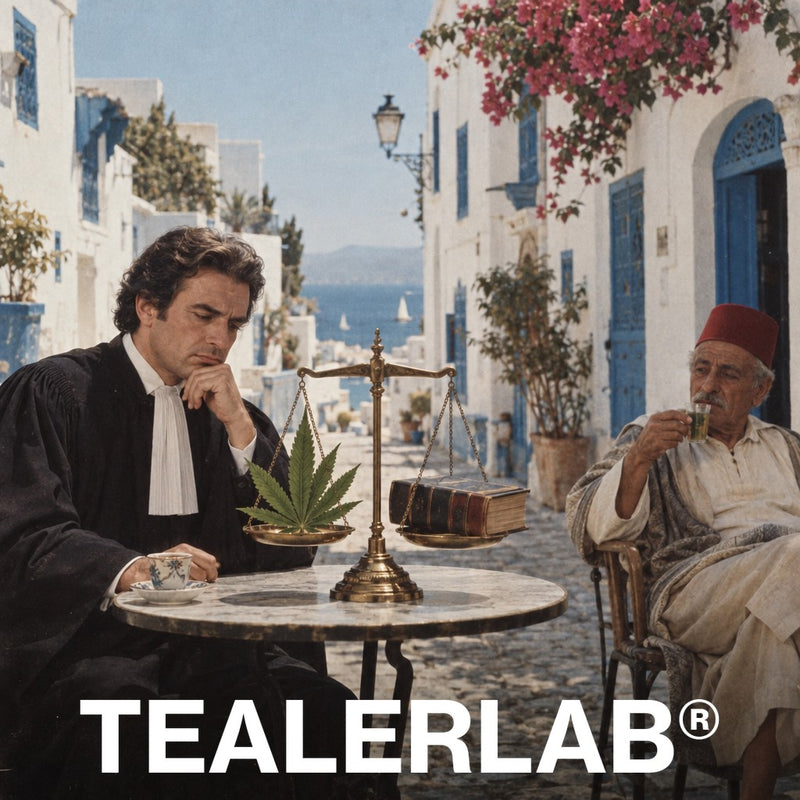 Juge pesant une feuille de cannabis géante face à un code de loi dans une ruelle de Sidi Bou Saïd