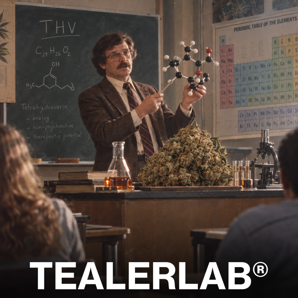Professeur de chimie rétro présentant la molécule THV avec un bud géant - THV expliqué