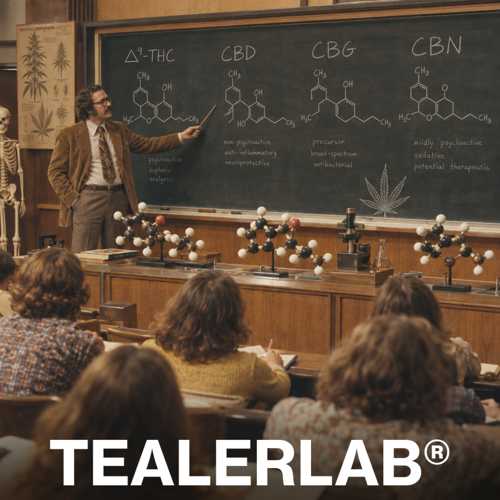 Cours universitaire rétro 70s sur les cannabinoïdes CBD THC CBG CBN - guide comparatif
