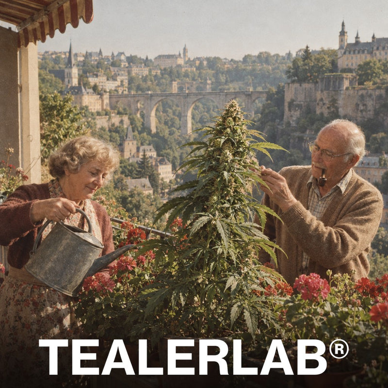 Couple de retraités sur un balcon face à la vieille ville de Luxembourg avec une fleur de CBD géante