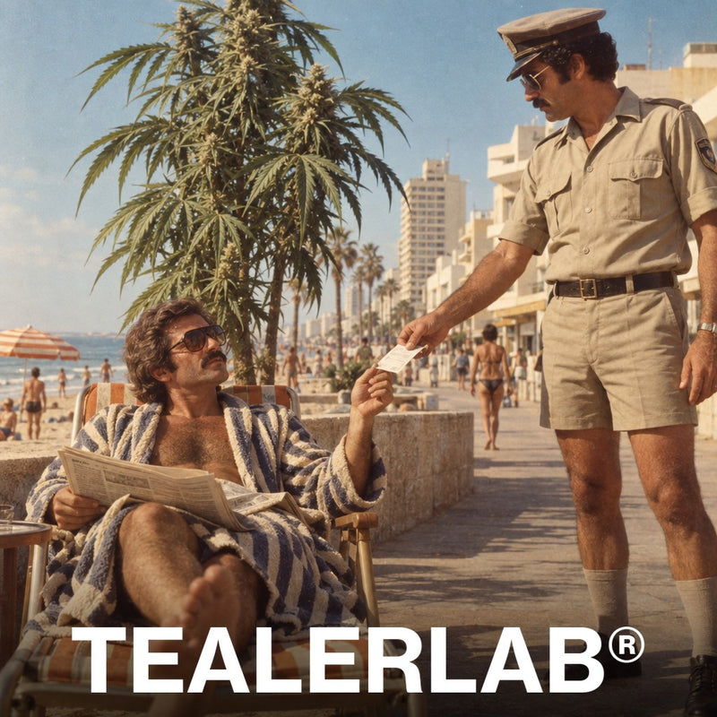 Vacancier recevant une contravention sous une plante de cannabis géante sur une plage de Tel-Aviv, cannabis en Israël