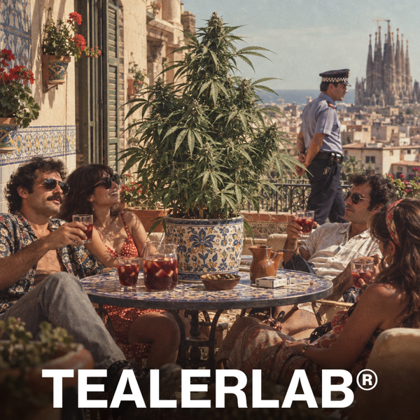 Terrasse espagnole rétro avec cannabis géant et ambiance décontractée - loi CBD Espagne