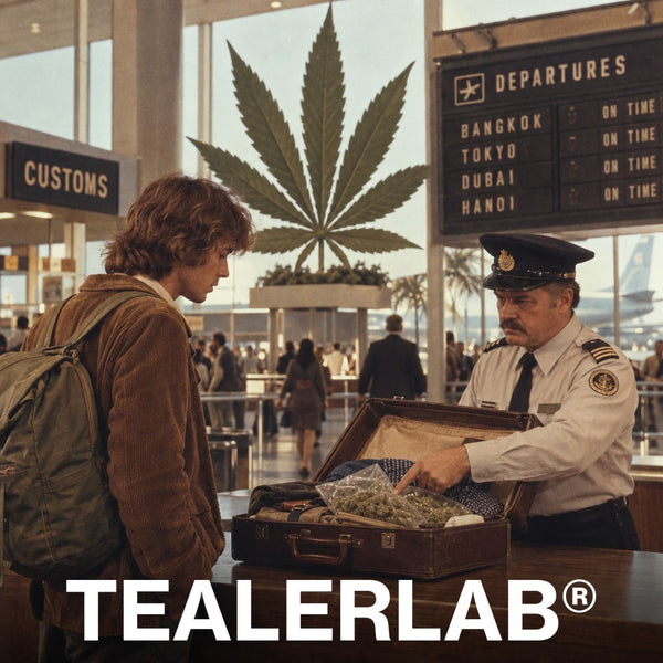 Voyageur au contrôle douanier devant une feuille de cannabis géante, illustration du CBD et du cannabis en Asie