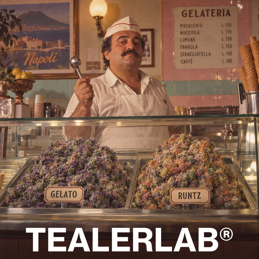 Glacier italien rétro avec buds Gelato et Runtz en vitrine - comparaison variétés
